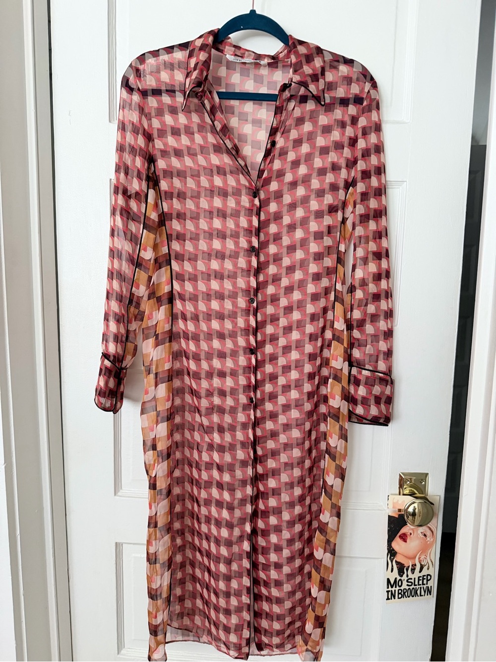 Zara Sheer Geometric Print Long Shirt Dress - Red Multi